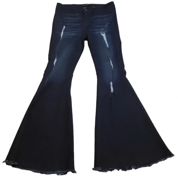 Women's Lucky & Blessed extreme flare dark wash distressed stretch jeans Sz 16 - Picture 3 of 12